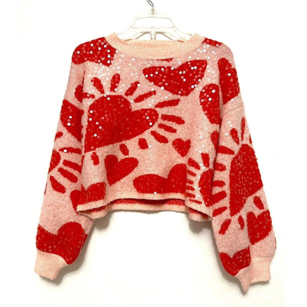 Luna Ivy Anthropologie Pink Red Heart Sequin Sweater Pullover K4750 Knit Crop XS